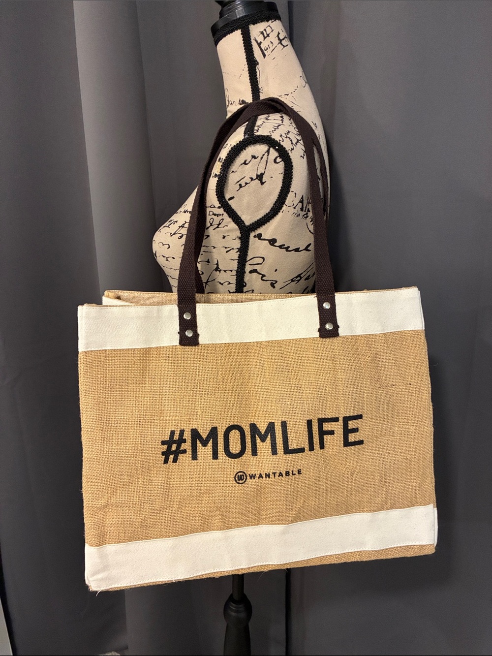 #MOMLIFE Jute Tote Bag with Cream Trim and Brown Handles